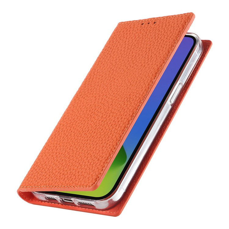 Cell Phone Case Wallet for iPhone 14 Plus, Litchi Texture Genuine Leather Stand RFID Blocking Auto-absorbed Protective Cover - Orange
