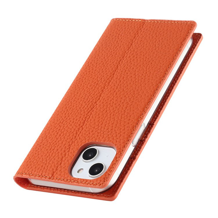 Cell Phone Case Wallet for iPhone 14 Plus, Litchi Texture Genuine Leather Stand RFID Blocking Auto-absorbed Protective Cover - Orange