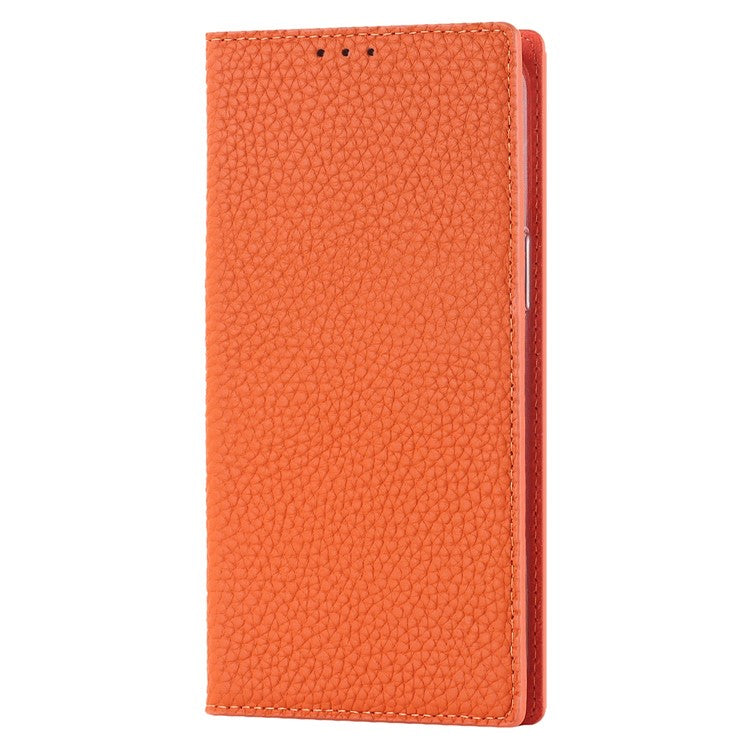 Cell Phone Case Wallet for iPhone 14 Plus, Litchi Texture Genuine Leather Stand RFID Blocking Auto-absorbed Protective Cover - Orange