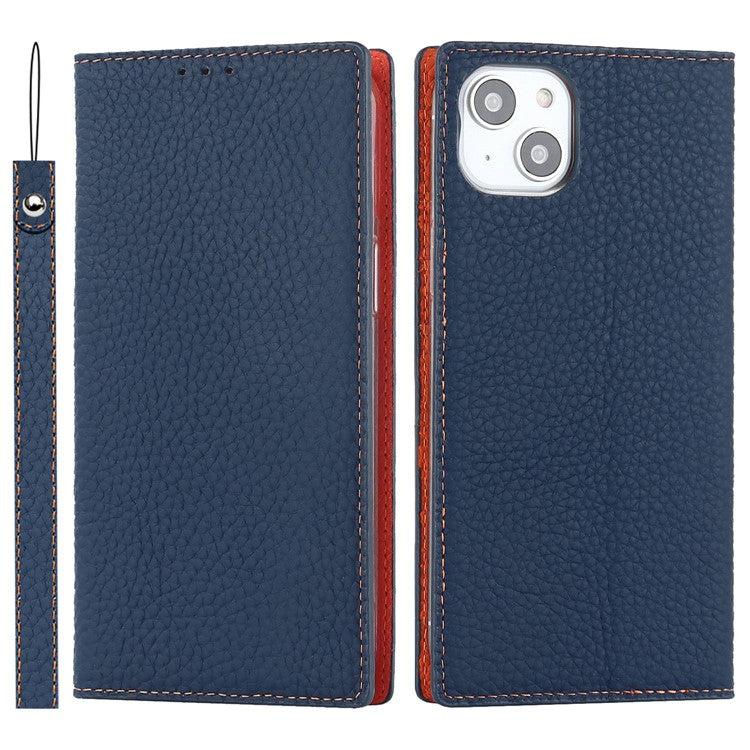 Cell Phone Case Wallet for iPhone 14 Plus, Litchi Texture Genuine Leather Stand RFID Blocking Auto-absorbed Protective Cover - Dark Blue