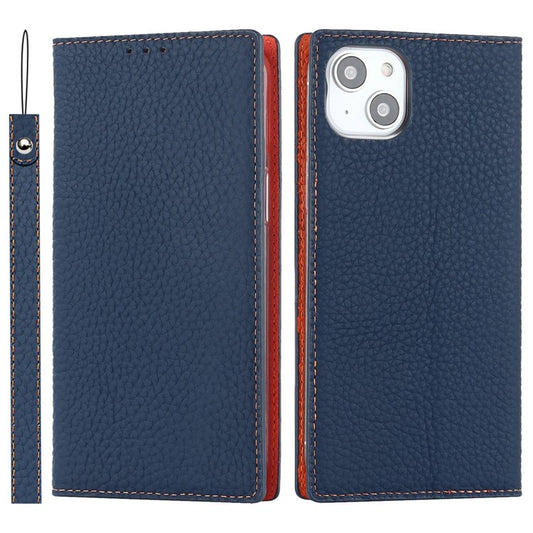Cell Phone Case Wallet for iPhone 14 Plus, Litchi Texture Genuine Leather Stand RFID Blocking Auto-absorbed Protective Cover - Dark Blue