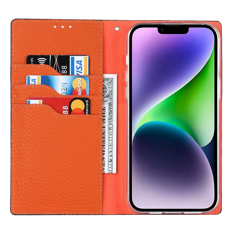 Cell Phone Case Wallet for iPhone 14 Plus, Litchi Texture Genuine Leather Stand RFID Blocking Auto-absorbed Protective Cover - Dark Blue