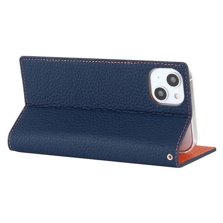 Cell Phone Case Wallet for iPhone 14 Plus, Litchi Texture Genuine Leather Stand RFID Blocking Auto-absorbed Protective Cover - Dark Blue