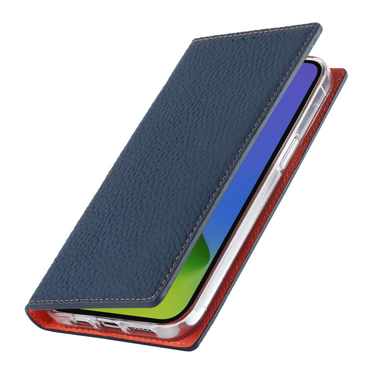 Cell Phone Case Wallet for iPhone 14 Plus, Litchi Texture Genuine Leather Stand RFID Blocking Auto-absorbed Protective Cover - Dark Blue
