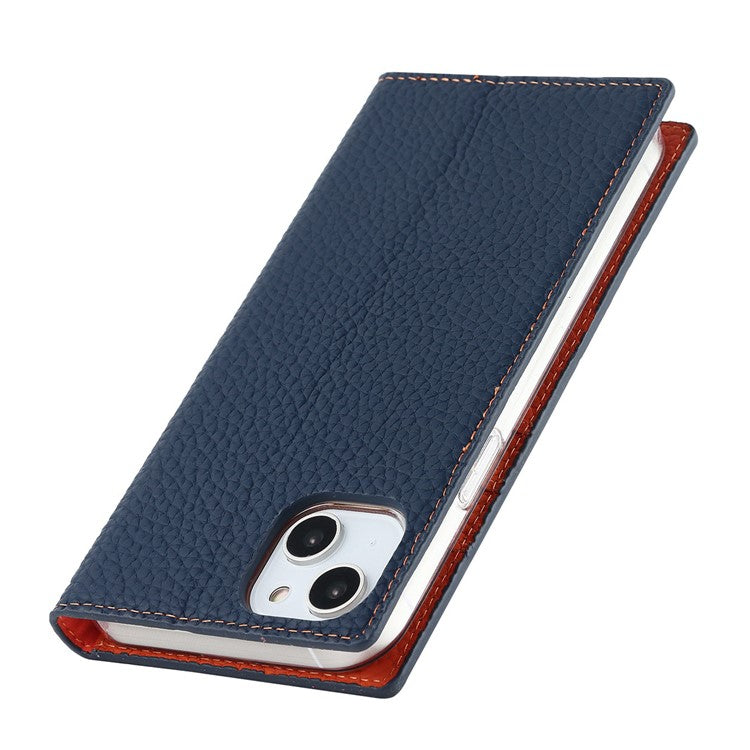 Cell Phone Case Wallet for iPhone 14 Plus, Litchi Texture Genuine Leather Stand RFID Blocking Auto-absorbed Protective Cover - Dark Blue