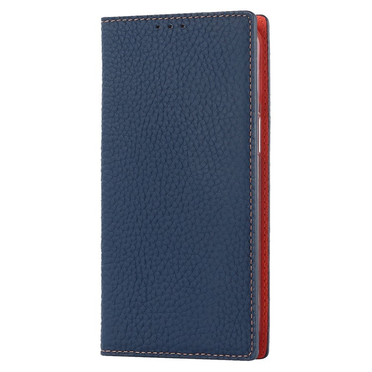 Cell Phone Case Wallet for iPhone 14 Plus, Litchi Texture Genuine Leather Stand RFID Blocking Auto-absorbed Protective Cover - Dark Blue