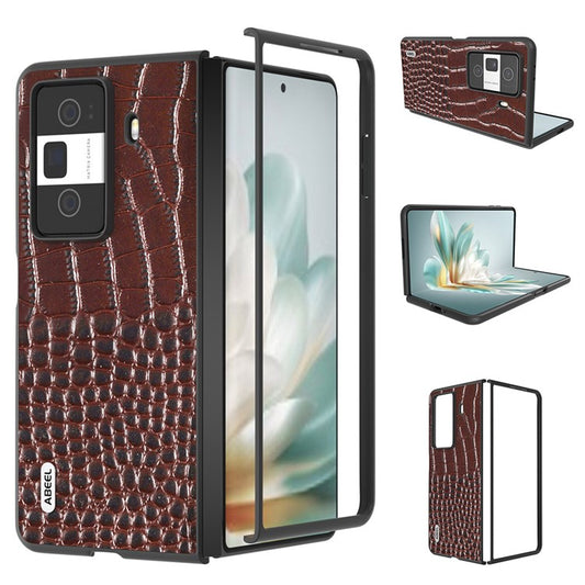 ABEEL For Honor Magic Vs3 5G Case Genuine Cow Leather Back Phone Cover Crocodile Texture - Coffee