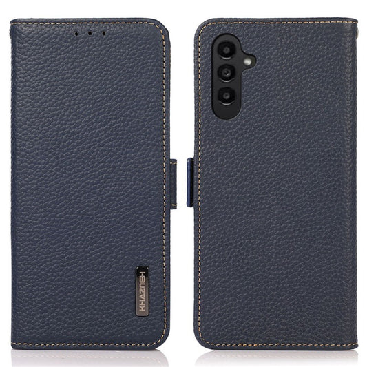KHAZNEH For Samsung Galaxy A16 5G Phone Case Genuine Cow Leather Cover RFID Blocking - Blue