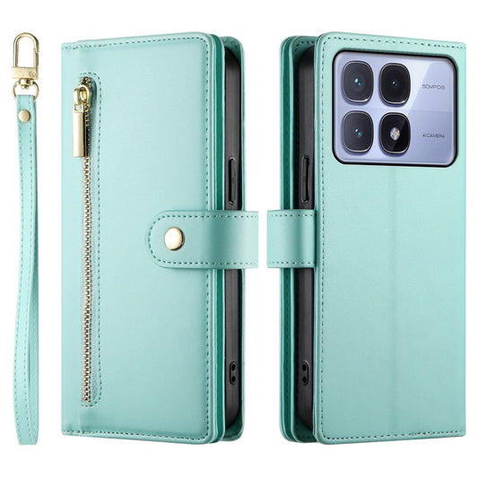 DF-011 For Xiaomi Redmi K70 Ultra Case Zipper Pocket Wallet Leather Phone Cover with Straps - Mint Green