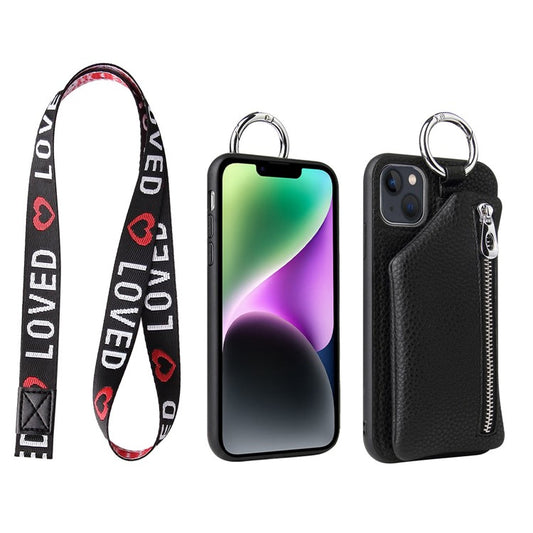 For iPhone 14 Plus Bump Proof Detachable Wallet PU Leather Coated TPU Phone Case Zipper Pocket Protective Cover with Lanyard - Black