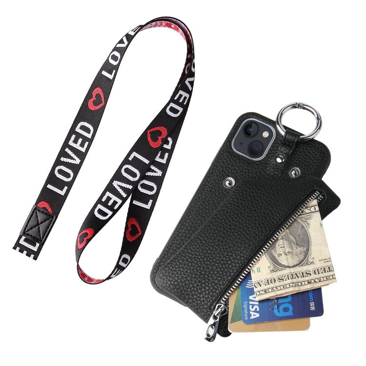 For iPhone 14 Plus Bump Proof Detachable Wallet PU Leather Coated TPU Phone Case Zipper Pocket Protective Cover with Lanyard - Black