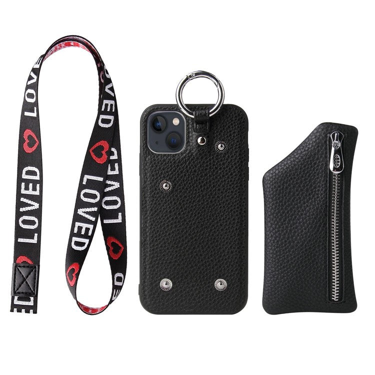 For iPhone 14 Plus Bump Proof Detachable Wallet PU Leather Coated TPU Phone Case Zipper Pocket Protective Cover with Lanyard - Black