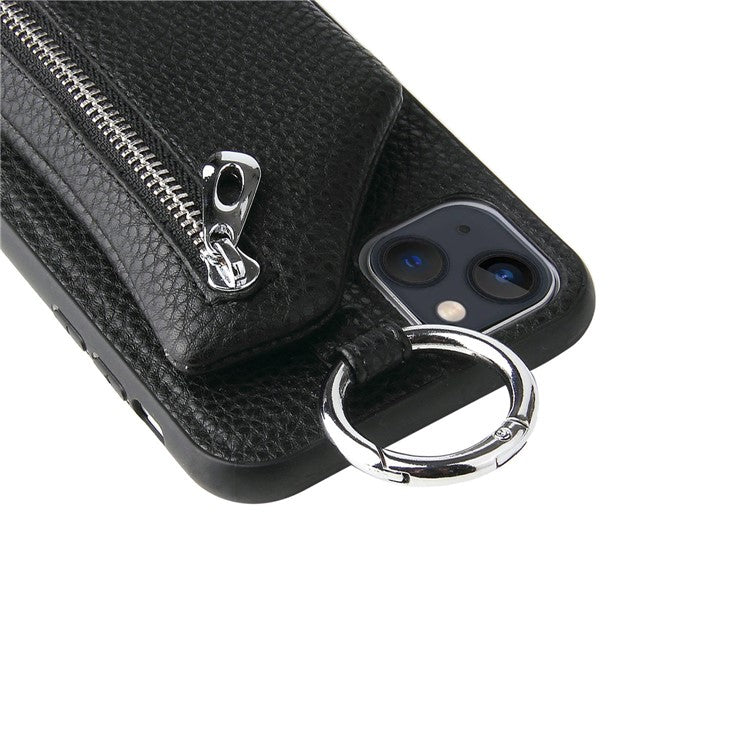 For iPhone 14 Plus Bump Proof Detachable Wallet PU Leather Coated TPU Phone Case Zipper Pocket Protective Cover with Lanyard - Black