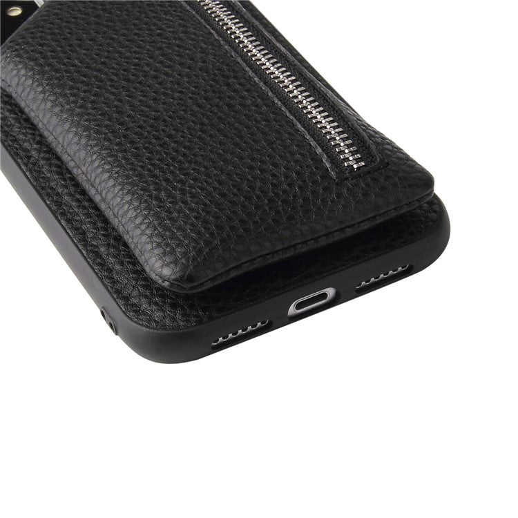 For iPhone 14 Plus Bump Proof Detachable Wallet PU Leather Coated TPU Phone Case Zipper Pocket Protective Cover with Lanyard - Black