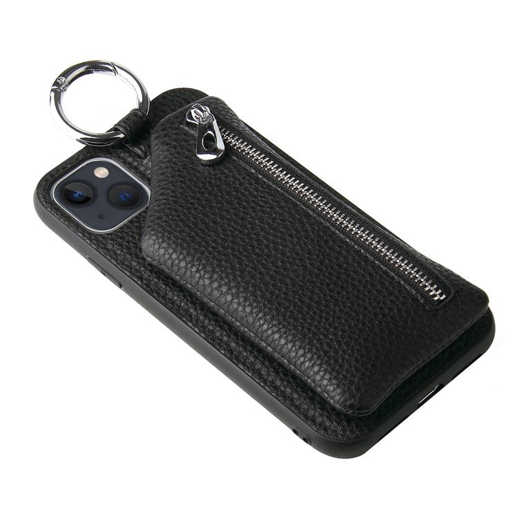 For iPhone 14 Plus Bump Proof Detachable Wallet PU Leather Coated TPU Phone Case Zipper Pocket Protective Cover with Lanyard - Black
