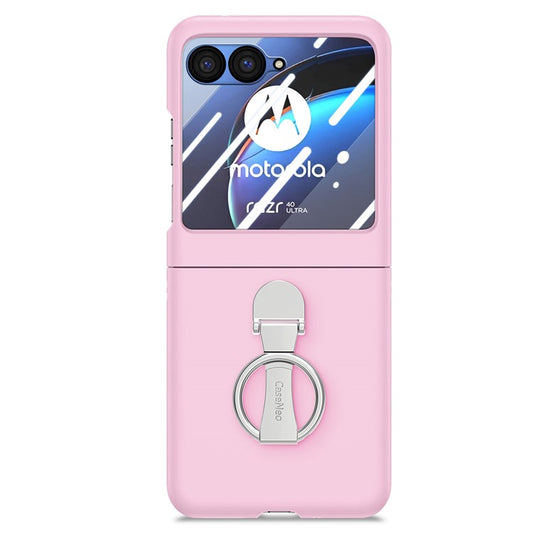 For Motorola Razr 40 Ultra 5G Case Ring Kickstand PC Phone Cover with Tempered Glass Rear Screen Film - Pink