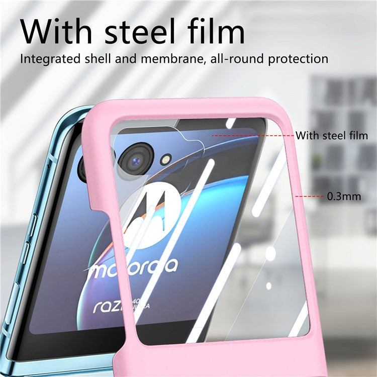 For Motorola Razr 40 Ultra 5G Case Ring Kickstand PC Phone Cover with Tempered Glass Rear Screen Film - Pink