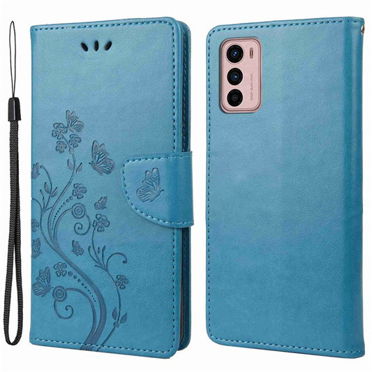 Wallet Stand Leather Case for Motorola Moto G42 4G, Imprinting Flower Butterflies Folio Flip Phone Cover with Strap - Blue