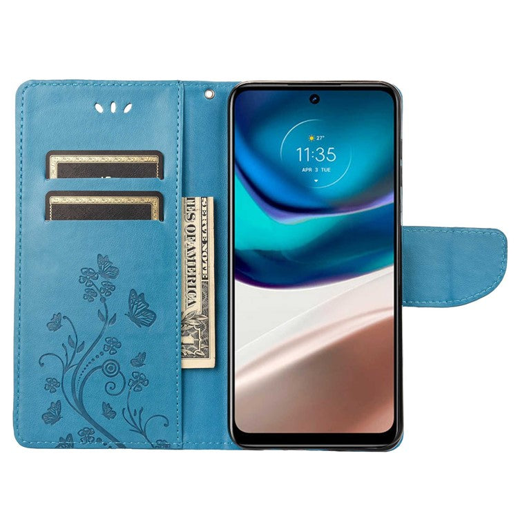 Wallet Stand Leather Case for Motorola Moto G42 4G, Imprinting Flower Butterflies Folio Flip Phone Cover with Strap - Blue