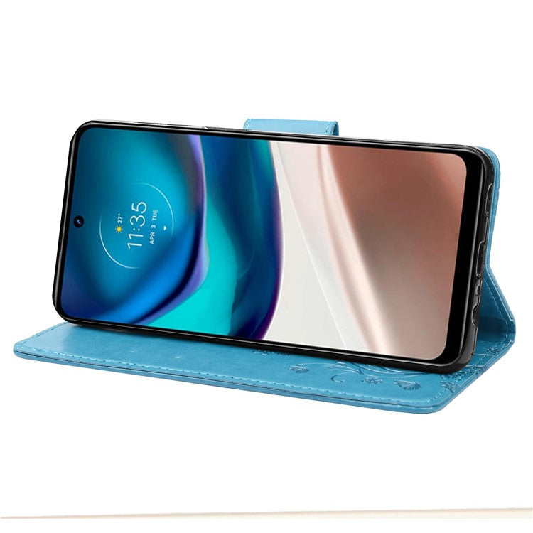 Wallet Stand Leather Case for Motorola Moto G42 4G, Imprinting Flower Butterflies Folio Flip Phone Cover with Strap - Blue