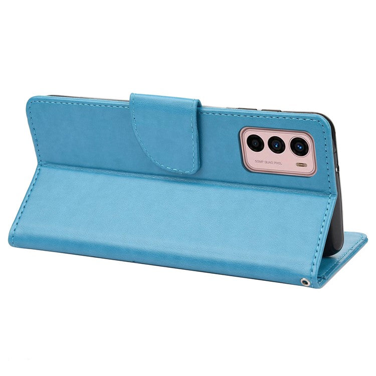 Wallet Stand Leather Case for Motorola Moto G42 4G, Imprinting Flower Butterflies Folio Flip Phone Cover with Strap - Blue