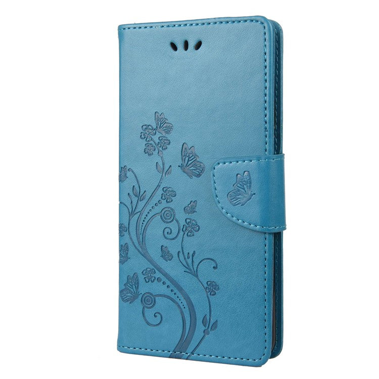 Wallet Stand Leather Case for Motorola Moto G42 4G, Imprinting Flower Butterflies Folio Flip Phone Cover with Strap - Blue