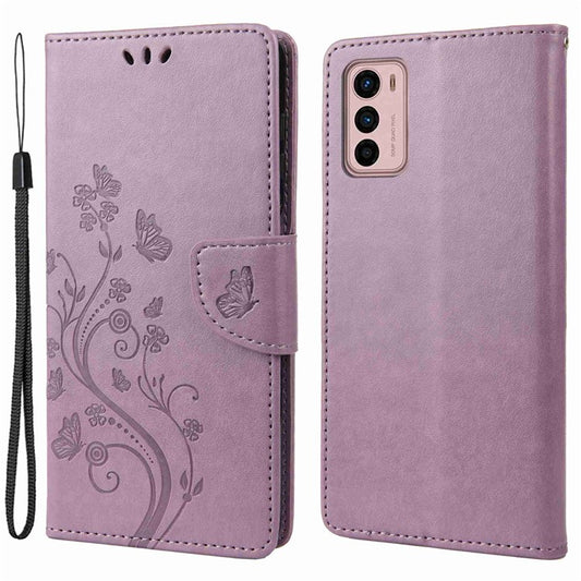 Wallet Stand Leather Case for Motorola Moto G42 4G, Imprinting Flower Butterflies Folio Flip Phone Cover with Strap - Light Purple