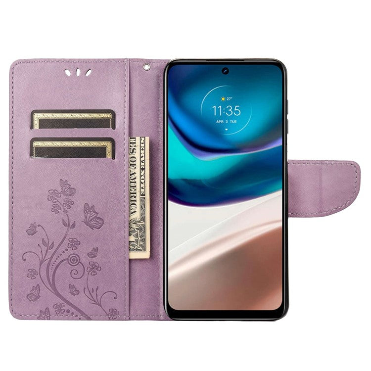 Wallet Stand Leather Case for Motorola Moto G42 4G, Imprinting Flower Butterflies Folio Flip Phone Cover with Strap - Light Purple