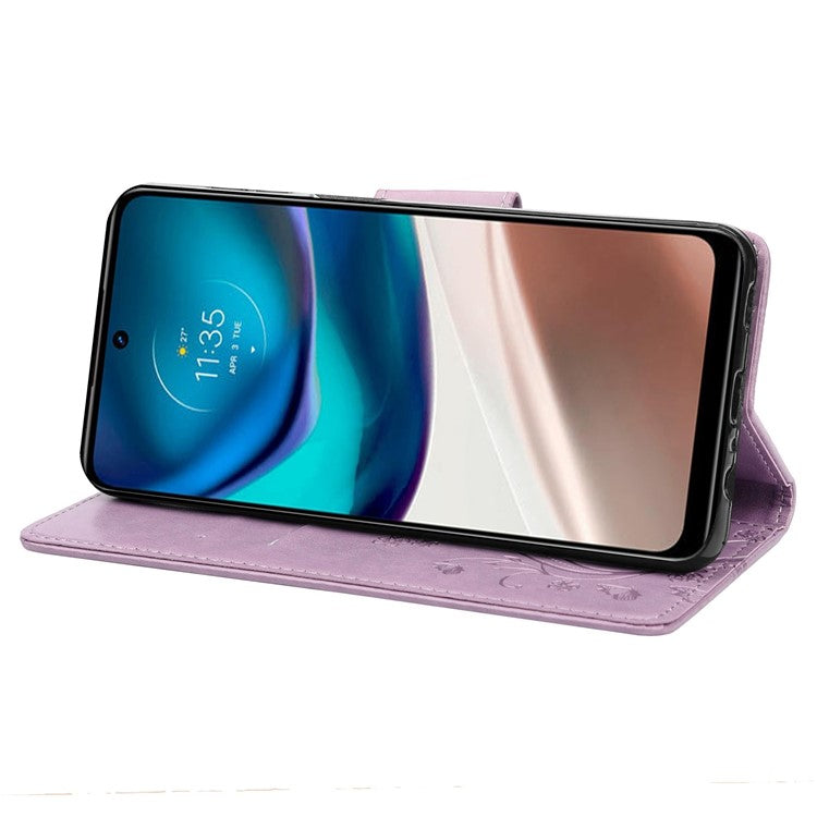 Wallet Stand Leather Case for Motorola Moto G42 4G, Imprinting Flower Butterflies Folio Flip Phone Cover with Strap - Light Purple