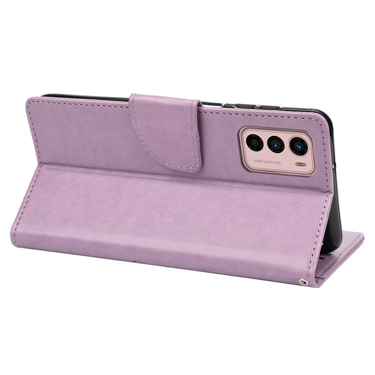 Wallet Stand Leather Case for Motorola Moto G42 4G, Imprinting Flower Butterflies Folio Flip Phone Cover with Strap - Light Purple