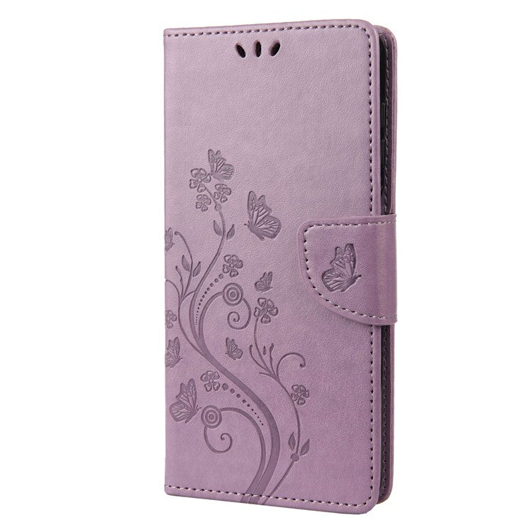 Wallet Stand Leather Case for Motorola Moto G42 4G, Imprinting Flower Butterflies Folio Flip Phone Cover with Strap - Light Purple