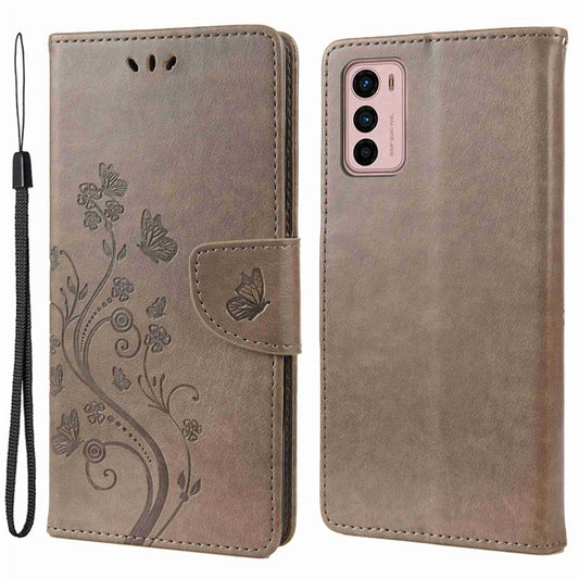 Wallet Stand Leather Case for Motorola Moto G42 4G, Imprinting Flower Butterflies Folio Flip Phone Cover with Strap - Grey
