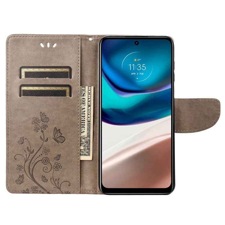 Wallet Stand Leather Case for Motorola Moto G42 4G, Imprinting Flower Butterflies Folio Flip Phone Cover with Strap - Grey