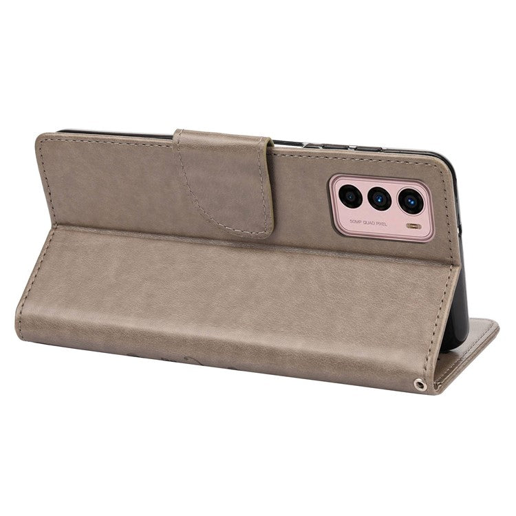 Wallet Stand Leather Case for Motorola Moto G42 4G, Imprinting Flower Butterflies Folio Flip Phone Cover with Strap - Grey