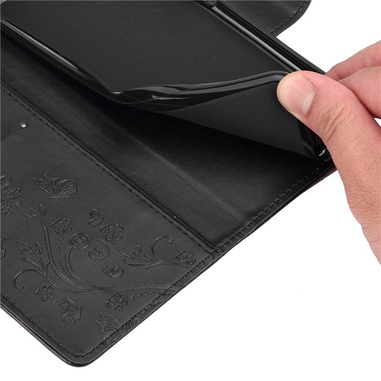 Wallet Stand Leather Case for Motorola Moto G42 4G, Imprinting Flower Butterflies Folio Flip Phone Cover with Strap - Grey