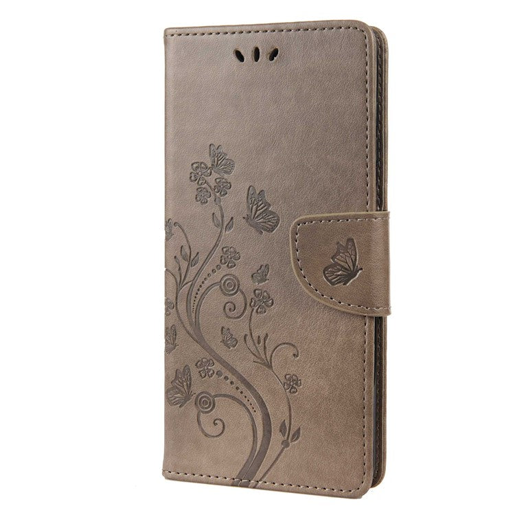 Wallet Stand Leather Case for Motorola Moto G42 4G, Imprinting Flower Butterflies Folio Flip Phone Cover with Strap - Grey