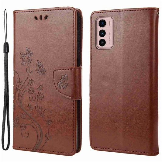 Wallet Stand Leather Case for Motorola Moto G42 4G, Imprinting Flower Butterflies Folio Flip Phone Cover with Strap - Brown