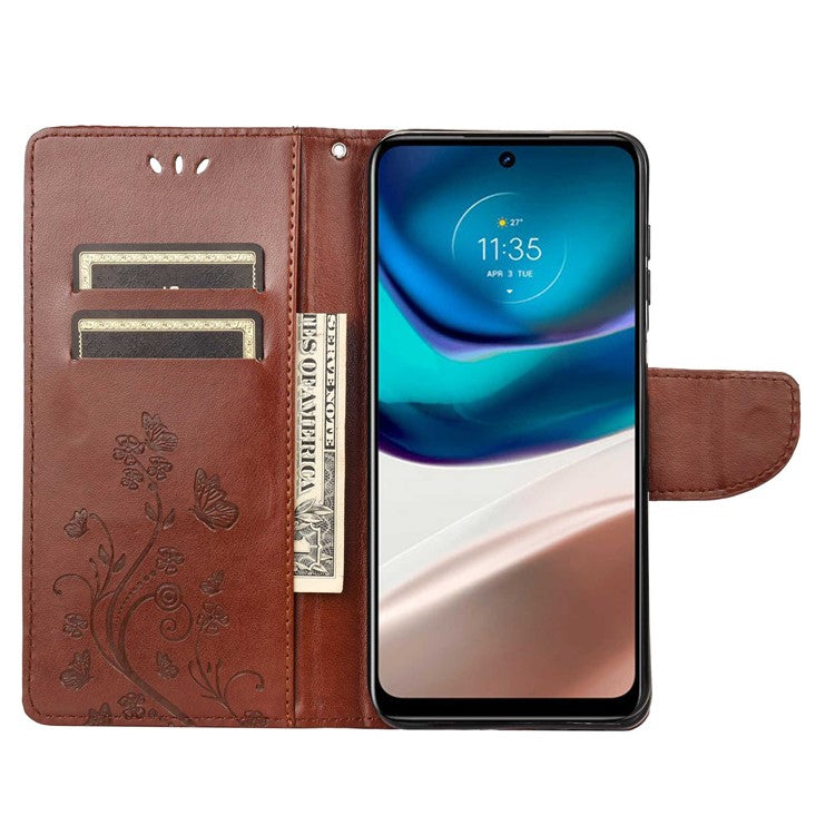 Wallet Stand Leather Case for Motorola Moto G42 4G, Imprinting Flower Butterflies Folio Flip Phone Cover with Strap - Brown