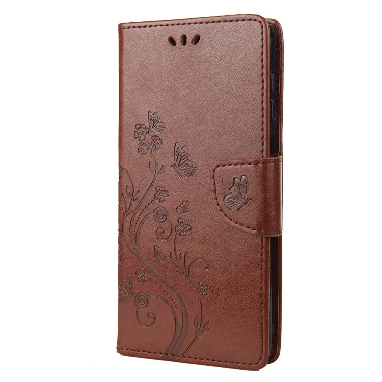 Wallet Stand Leather Case for Motorola Moto G42 4G, Imprinting Flower Butterflies Folio Flip Phone Cover with Strap - Brown