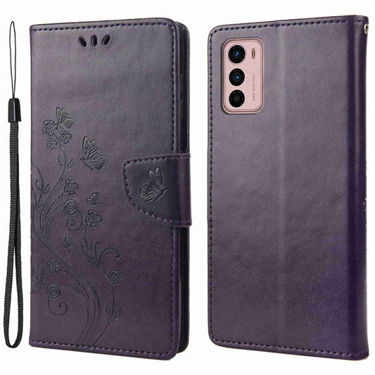 Wallet Stand Leather Case for Motorola Moto G42 4G, Imprinting Flower Butterflies Folio Flip Phone Cover with Strap - Purple