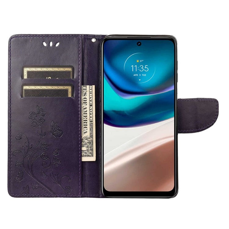 Wallet Stand Leather Case for Motorola Moto G42 4G, Imprinting Flower Butterflies Folio Flip Phone Cover with Strap - Purple