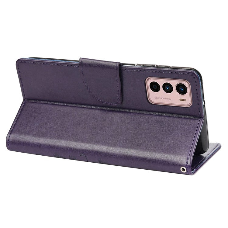 Wallet Stand Leather Case for Motorola Moto G42 4G, Imprinting Flower Butterflies Folio Flip Phone Cover with Strap - Purple