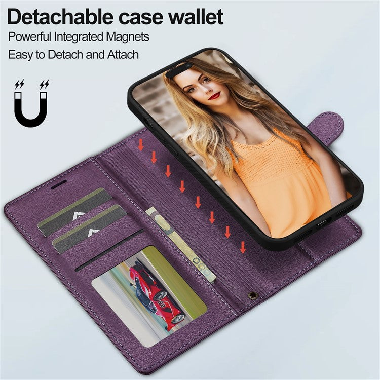 LC.IMEEKE L2 Series for iPhone 14 Pro Max Case PU Leather Wallet Detachable Magnetic Phone Cover - Purple