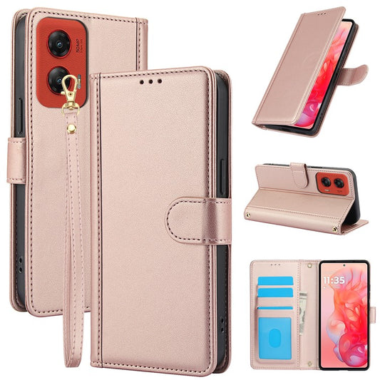 SY-003 For Motorola Moto G34 5G Case PU Leather Stand View Phone Wallet Cover with Hand Strap - Pink