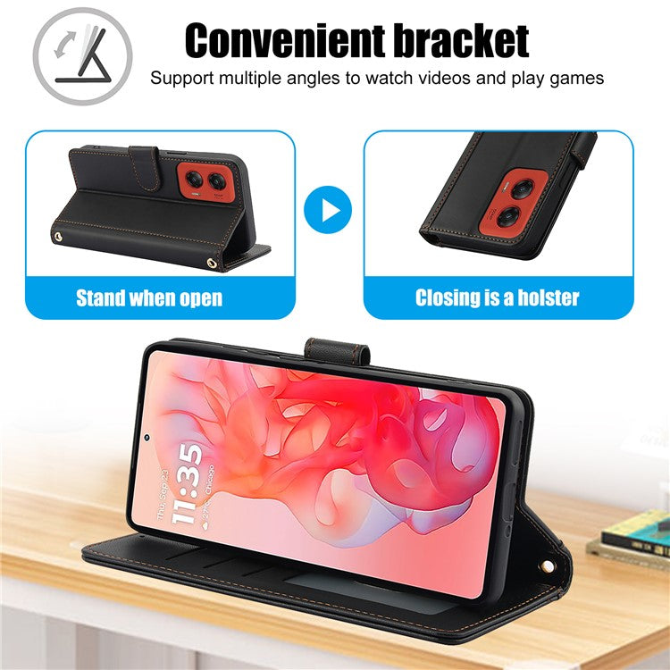 SY-003 For Motorola Moto G34 5G Case PU Leather Stand View Phone Wallet Cover with Hand Strap - Black
