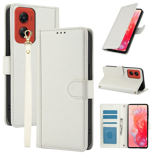 SY-003 For Motorola Moto G34 5G Case PU Leather Stand View Phone Wallet Cover with Hand Strap - White