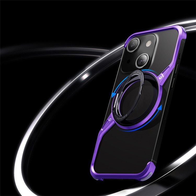 For iPhone 14 Bumper Phone Case Rotary Ring Kickstand Aluminium Alloy S-Shape Magnetic Cover - Purple