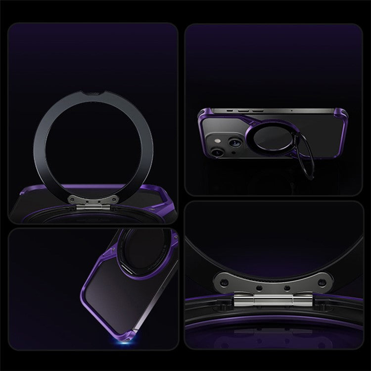 For iPhone 14 Bumper Phone Case Rotary Ring Kickstand Aluminium Alloy S-Shape Magnetic Cover - Purple