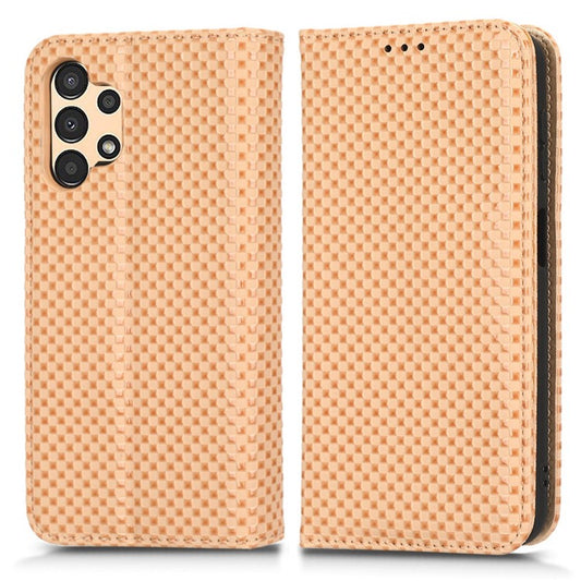 For Samsung Galaxy A13 4G Magnetic Auto-absorbed Grid Texture PU Leather Stand Case Cell Phone Wallet Cover - Beige