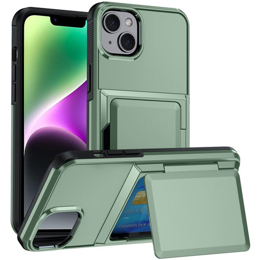 For iPhone 14 Cases Card Slot TPU+PC Kickstand Phone Case - Light Green